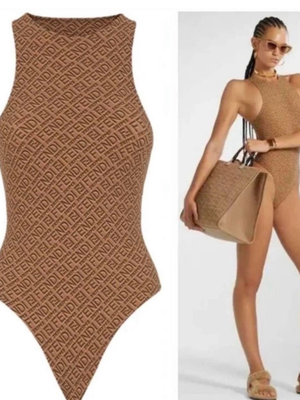 Fendi Tan Monogram High-Neck One-Piece Swimsuit